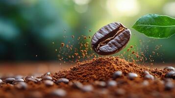 Coffee bean dancing above ground coffee in a natural setting during morning light photo