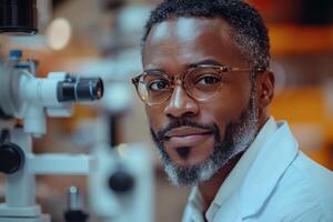 a black man in lab coat looking at camera photo