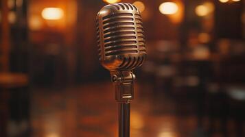 Vintage microphone stands ready for a live music performance at an intimate venue during the evening hours photo