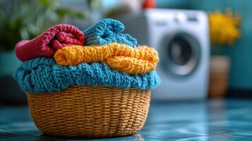 Cozy knitted blankets stacked in a woven basket next to a washing machine in a bright laundry room photo