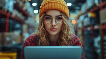 Young woman working on a laptop in a warehouse during the evening hours while wearing a knit hat and glasses photo