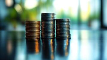 Stacks of coins arranged in ascending order representing financial growth during bright daylight in an office environment photo