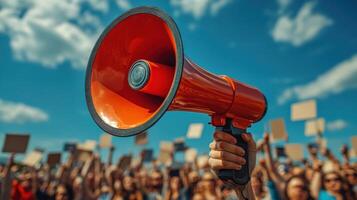 People gather in a lively demonstration holding signs and listening to a speaker using a megaphone under a clear blue sky photo