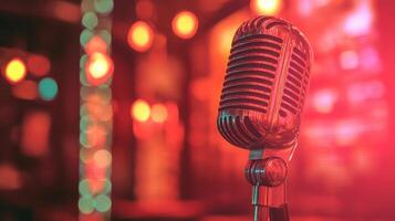 Vintage microphone shining under colorful neon lights in a lively bar setting at night photo