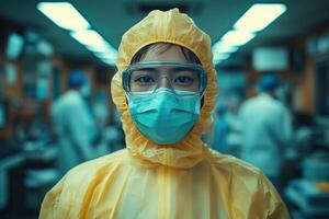 a woman in a yellow protective suit and mask photo