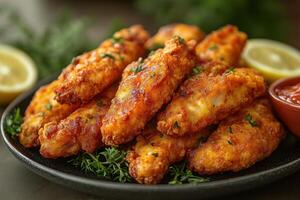chicken wings with sauce and lemon wedges photo