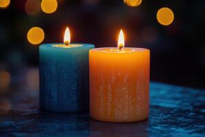 two candles on a table with a blurred background photo