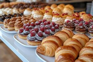 a variety of pastries on display in a bakery photo