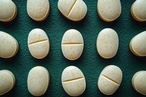 many pills arranged in a row on a green surface photo