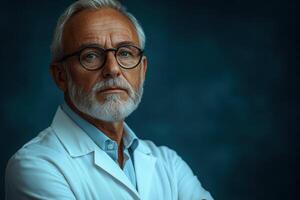 an older man in a lab coat and glasses photo
