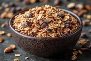 Healthy food homemade yogurt and granola shot from above on white table. Copy space photo