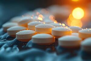 pills on a table with a light in the background photo
