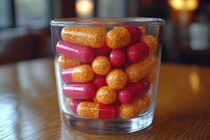 a glass filled with colorful pills on a table photo
