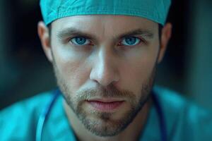 a man in a scrub suit with blue eyes photo