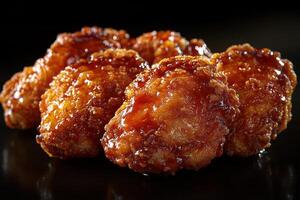 Plate of crispy chicken nuggets on dark background. Fast food in restaurant with copy space photo