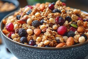 Healthy food homemade yogurt and granola shot from above on white table photo