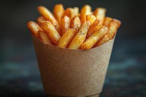 french fries in a paper cup on a dark background photo