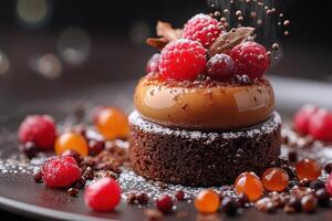 colorful sophisticated glowing pudding and berry dish from molecular gastronomy. made by food stylist. sophisticated lighting of fresh ingredients photo