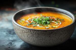 a bowl of soup with a spoon and herbs photo
