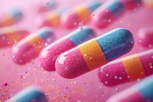 pills on a pink background with colorful pills photo