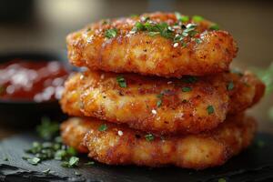 chicken nuggets with sauce on a black slate photo