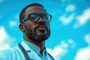 a black man in a white coat and glasses against a blue sky photo