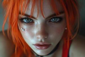 a close up of a woman with bright orange hair photo