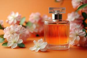 a perfume bottle with flowers on an orange background photo