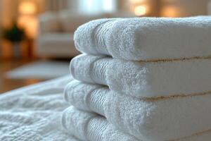 a stack of white towels on a bed photo