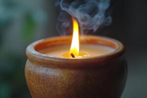 a candle is burning in a wooden bowl photo