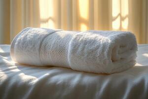 a white towel is sitting on top of a bed photo