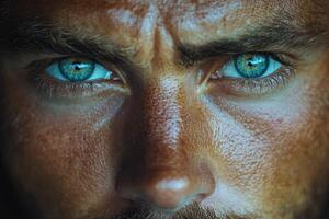 a close up of a man with blue eyes photo