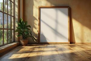 empty room with a blank frame and potted plant photo