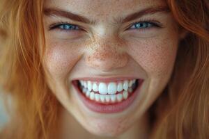 a woman with freckles on her face is smiling photo