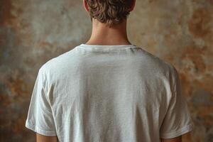 Back of white t-shirt on man, linen fabric, minimalist and simple background. Fashion and style, shopping photo