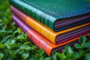 three colorful books sitting on grass photo