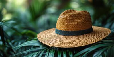 a straw hat is sitting on top of some green plants photo