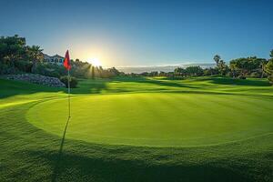 a golf course with a green grass and a red flag photo