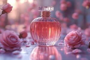 a perfume bottle with pink roses on a table photo