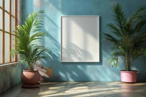 an empty frame in a room with potted plants photo