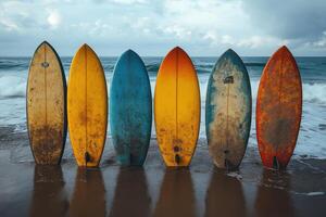 five surfboards lined up on the beach photo