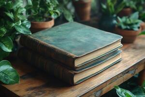 old books on wooden table with potted plants photo