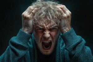 a man with a white beard and a white shirt is holding his head photo
