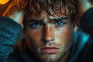 a man with blue eyes and a dark sweatshirt photo