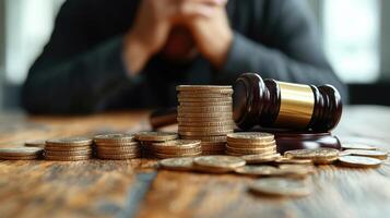 man with a gavel and coins on a wooden table photo
