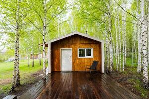 Nestled in the heart of a lush, tranquil forest stands a quaint small house featuring a charming wooden deck, ideal for enjoying the serene surroundings and natural beauty of nature photo