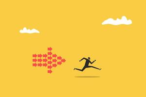 Businessman running forward with arrow. concept of Moving forward, success, ambition, motivation, target vector