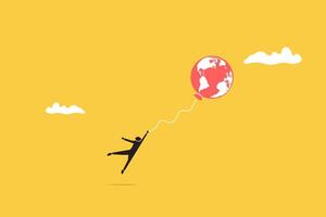 Businessman with the symbol of the world map floats higher. concept of inflation, interest rate, floating interest, and economic crisis vector