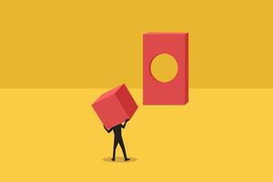 Businessman bring cube to hole. concept of struggle, challenge, difficulty. Minimal design eps10 illustration vector