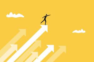 Businessman pointing arrows up in the sky next target. concept of moving forward, growth business, ambition, and motivation vector